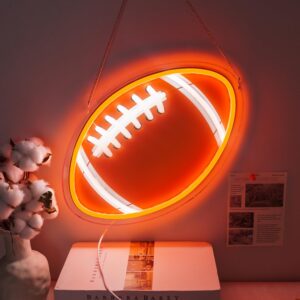 " football-shaped neon sign - vibrant LED wall decor for man caves, sports bars, and teen bedrooms. Features bright glow, USB power, and easy mounting for football party decorations."*
