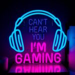 Gaming Neon Sign – Dimmable LED Headset Neon Light with "Can't Hear You I'm Gaming" design. Headphone-shaped light-up sign ideal for gamer rooms, video game zones, wall décor. USB powered, perfect gift for boys, men, teens.