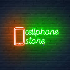 "Custom 'Cell Phone Store' LED Neon Sign glowing in blue and pink for shopfront display"