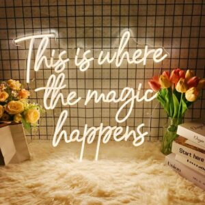 This Is Where The Magic Happens Neon Sign in Warm White – 24x20” LED Wall Décor for Wedding, Birthday, Engagement, Bachelorette Party, Bar, or Room – Large Dimmable Light Gift for Boys and Girls