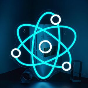 molecular structure neon sign - blue and white LED wall decor featuring a scientific design. Perfect for labs, classrooms, or modern home decor. USB-powered with adjustable brightness for versatile placement.