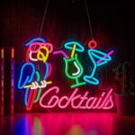 Parrot Cocktail Neon Sign featuring a sunglasses-wearing parrot with a cocktail glass, LED wall decor light for bars, man caves, garages, or alcohol-themed spaces; USB powered and dimmable for customizable ambiance.