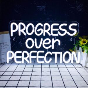 "Progress Over Perfection neon sign featuring a motivational quote in soft LED light, USB-powered with dimmable function, ideal for classroom, mental health office, man cave, home or workplace wall decor."