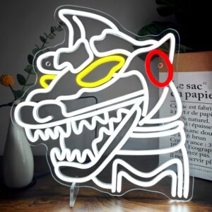 *"13.38" mecha monster neon sign - futuristic LED wall decor for gaming rooms and sci-fi spaces. Features robotic dinosaur design with bright blue/purple glow, USB power, and adjustable brightness."*