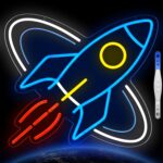 "Rocket ship neon sign with glowing flames - 14" x 11.5" space-themed LED wall decor for boys' rooms. USB-powered with dimmable brightness, perfect for teen gifts or space lover decor."