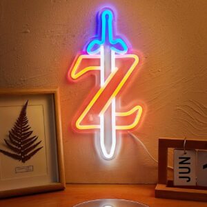 *"White, orange, and blue LED sword neon sign (13.38" x 6.69") with clear acrylic backboard - 3D wall art for game rooms, bedrooms, or parties. USB-powered night light safe for kids' decor."*
