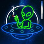"Glowing UFO alien neon sign with dimmable green/blue LEDs - 13.8" x 12" wall decor for man caves, bars, and gaming rooms. USB-powered with adjustable brightness."