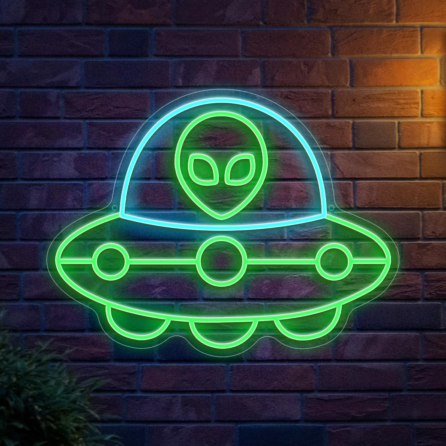 *"16.5" x 12.6" alien UFO neon sign with dimmable LED lights - USB-powered wall decor for bedrooms, man caves, and bars. Features a glowing spaceship design with adjustable brightness for parties or mood lighting."*