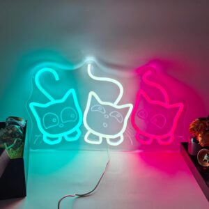 Cute pink neon cat sign for girls’ bedroom or dorm wall decor, glows brightly with playful charm and modern edge.