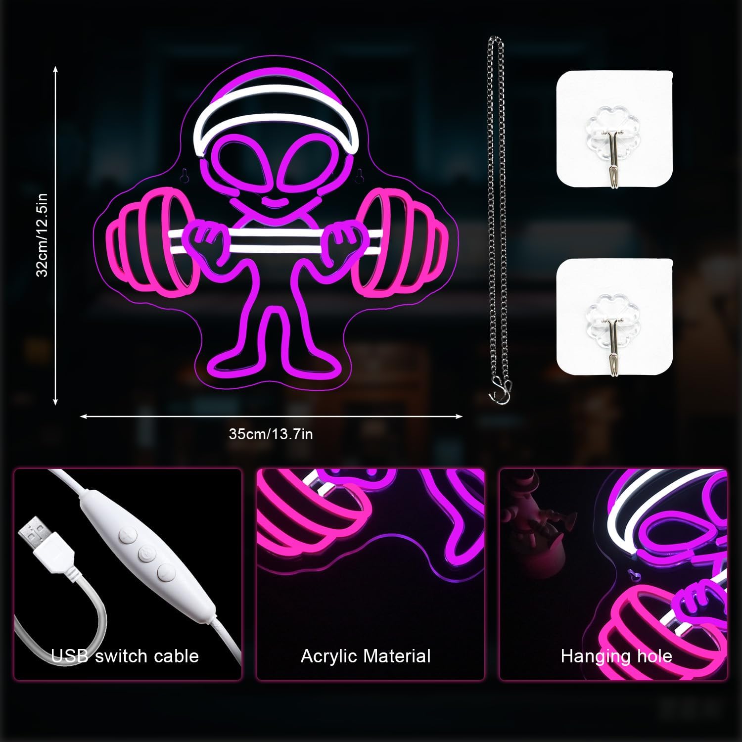 Alien Neon Sign, Dumbbell Gym Led Wall Decoration, LED Alien Light - Image 4