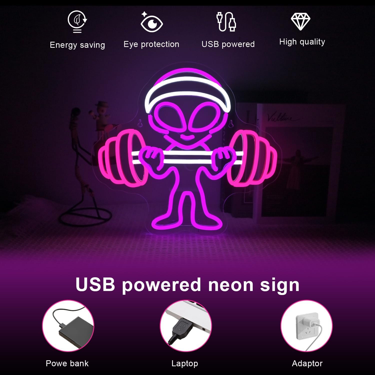 Alien Neon Sign, Dumbbell Gym Led Wall Decoration, LED Alien Light - Image 2
