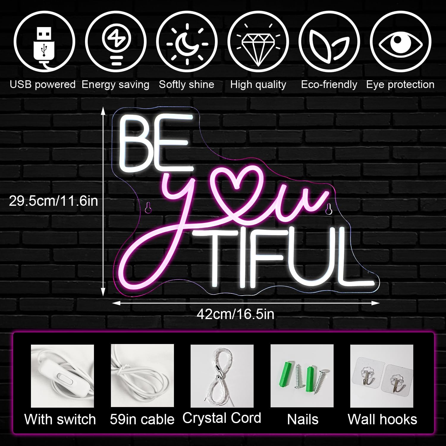 Be You Tiful Neon Led Sign, Rectangular Pink Neon Light Sign - Image 6