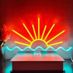 Sunset neon sign with minimal line design glowing in warm tones, perfect for bedroom or living room wall décor. Soft LED light set on clear acrylic backing, creating a peaceful seaside sunset ambiance.