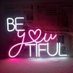 “Be You Tiful” pink LED neon sign with rectangular design, perfect for wall decor in bedrooms, salons, or as a stylish gift.