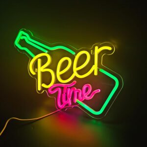 Glowing Beer Time neon sign with beer mug design and dimmable USB lighting — ideal wall decor for bars, pubs, and parties.