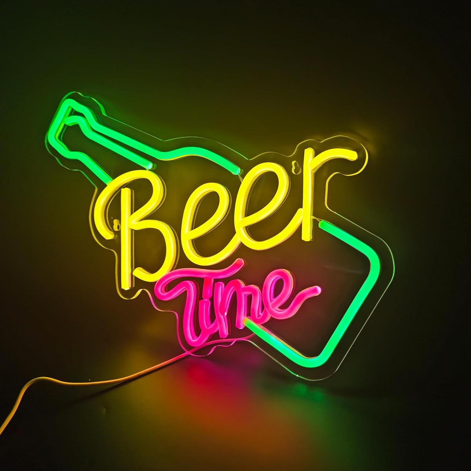 Glowing Beer Time neon sign with beer mug design and dimmable USB lighting — ideal wall decor for bars, pubs, and parties.