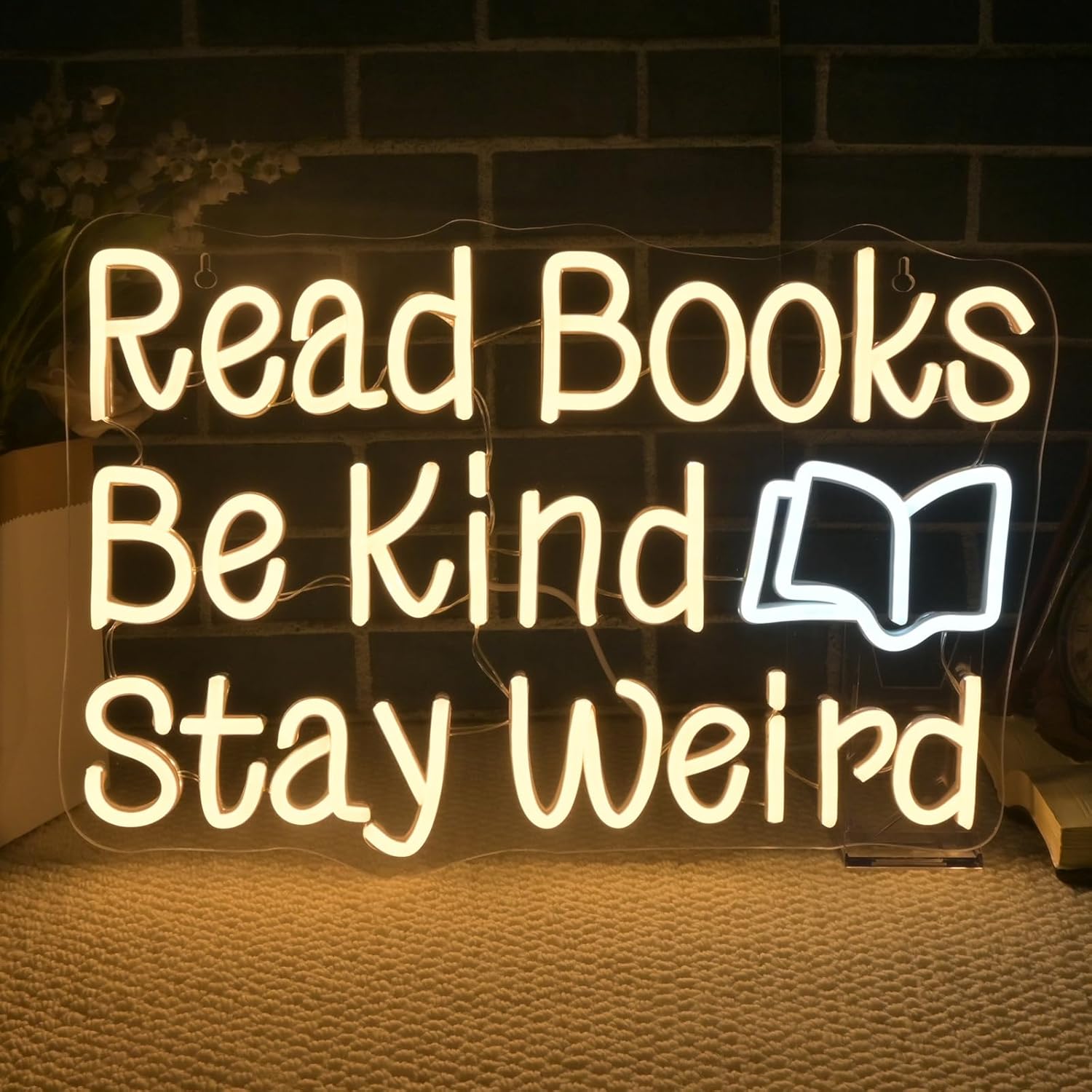 “Read Books Be Kind Stay Weird” LED neon sign, dimmable and USB-powered, perfect for bedrooms, libraries, bookstores, or study room decor.