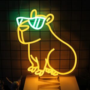 Cute capybara neon sign with glasses in yellow and green glow, perfect for kids’ rooms, party decor, or fun bedroom lighting.