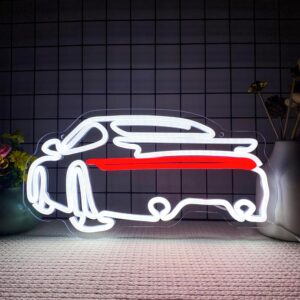 Red and white sports car neon sign, LED wall light for garage, game room, bedroom, or car lover's decor.