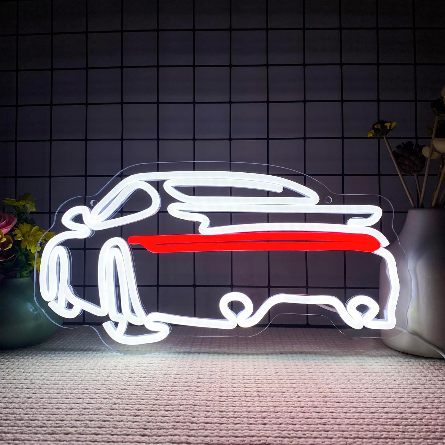 Red and white sports car neon sign, LED wall light for garage, game room, bedroom, or car lover's decor.