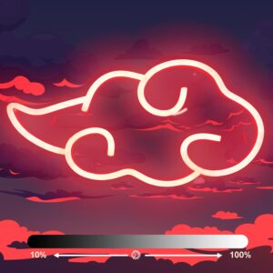"A bright red anime-style neon sign shaped like a cloud, with glowing LED lights. Perfect for wall decor in gaming rooms, bedrooms, or man caves. Features dimmable brightness and USB power, making it a great gift for gamers and anime fans.