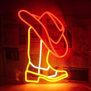 Cowboy Neon Sign – LED Cowboy Hat and Boot Light with USB Power, Western Wall Hanging Decor for Farmhouse, Bedroom, Bar, or Party Setup