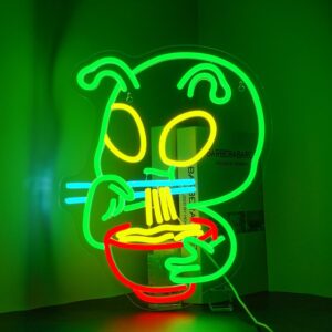 Cute Ramen Alien Neon Sign – Colorful USB-Powered LED Wall Light for Restaurant, Dining Room, or Japanese Noodle Shop Decor | Green Neon Light-Up Sign with Fun Alien Design