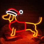 Festive Christmas Dachshund neon sign with a glowing red Santa hat and vibrant LED lighting—perfect for pet lovers' holiday décor.