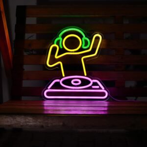 "DJ player neon sign with adjustable brightness - USB-powered LED wall decor for bars, man caves, or anime-themed rooms. Dimmable colorful lighting for parties and gaming spaces."