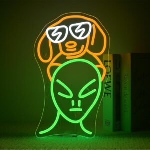 9.8 x 16.5-inch alien holding dog neon sign—quirky green and orange LED wall light for game rooms, bedrooms, or creative spaces.