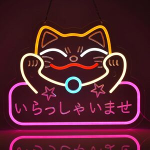Welcome Fortune Cat Neon Sign – 12.6" x 16.1", vibrant maneki-neko design LED wall light for shops, salons, restaurants, and good luck décor.
