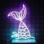 Purple mermaid tail neon sign with anime-inspired design, ideal for bedrooms, aquariums, or birthday party decor for girls.