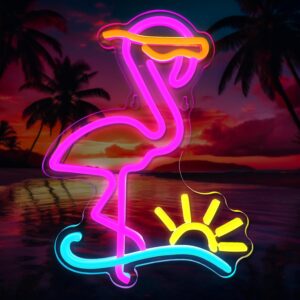 Pink flamingo LED neon sign for tropical room decor, mounted on clear acrylic backing with USB-powered dimmer controls.