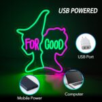 "For Good" neon sign featuring dual anime silhouettes of a green witch and a white princess, glowing LED light perfect for fantasy or theater-themed decor.