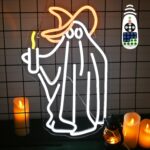 Compact ghost neon sign holding a glowing candle. Fun, spooky LED decor perfect for Halloween, themed bars, or quirky room styling.