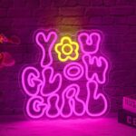 You Glow Girl Neon Sign – Pink LED Neon Light Sign featuring “You Glow Girl” text with floral accents, USB powered, perfect for bedroom, girl’s room, bar, club, shop, office, weddings, and birthday party wall décor.