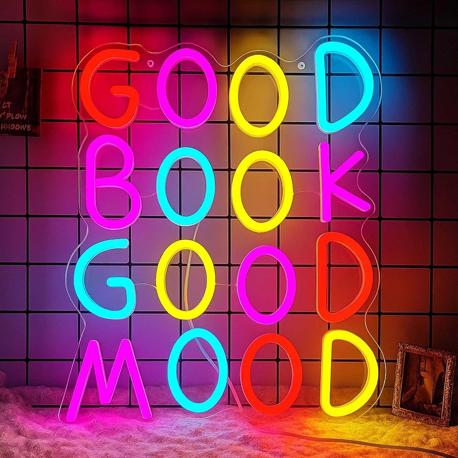Good Book Good Mood Neon Sign, USB Powered Dimmable LED Light for Kids Room, Classroom, Library, or Reading Corner Decor, 15.75 x 12.6 Inches