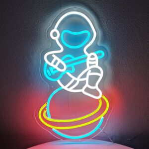 18-inch astronaut neon sign of a spaceman playing guitar on a planet—perfect for game rooms, science lovers, and astronomy-themed decor.