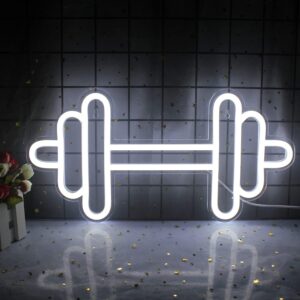 Gym Neon Sign – Barbell/Dumbbell Shaped White LED Neon Light for Fitness Room, Gym Decor, Sports Club, Teen Bedroom, or Game Room Wall Decoration