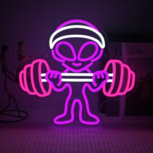 Barbell Alien Neon Sign in green glow, featuring alien lifting weights—perfect for gym, home workout room, or sci-fi-themed wall decor.