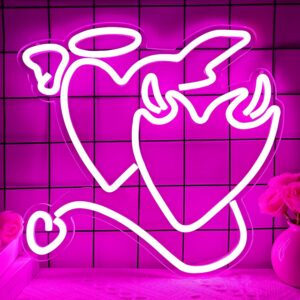 Angel Devil Neon Signs – Pink Heart LED Sign for Bedroom 14'' x 13’’ Acrylic Love Neon Sign for Wall Decor, Wedding, Bar, Living Room, Valentine's Day, Girls' Gift, Christmas Party