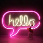 Large “Hello” neon LED sign powered by USB, perfect for wall decor in kids’ rooms, offices, bars, or festive party settings. Bright and cheerful light for any occasion.