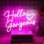 Hello Gorgeous Neon Sign – Pink LED Light with White Heart for Bedroom, Wedding, Birthday Party, or Game Room Decor | USB-Powered Neon Wall Art Gift, 22"