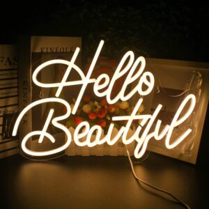 Hello Beautiful Neon Sign – Warm White LED Light Up Sign for Wall Decor, USB Powered Letter Neon Light for Wedding, Party, Bedroom, Birthday, or Beauty Salon