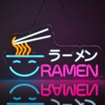 9.1x16.1-inch Japanese Ramen neon sign with chopsticks and bowl design—USB-powered, dimmable LED light for kitchen or food shop wall decor.