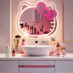 Alt text: Cute Hello Kitty neon vanity mirror with dimmable LED lights, perfect for teen girls' rooms or makeup areas. A fun and functional gift idea for stylish room decor.