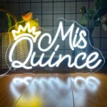 Mis Quince Neon Sign in warm white and yellow, LED wall decor for bedroom, party, or bathroom; USB-powered gift for birthdays or loved ones, 15.7 x 9.1 inches.