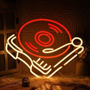 Record Player Neon Sign – Retro Red & Warm White Music Record LED Light for Studio, Bedroom, Bar, and Live Art Wall Decor