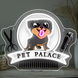 Pet Palace neon sign – 16.5" x 11.8", multicolor LED puppy neon light with grooming tools, perfect for salons, clinics, or pet-themed decor.