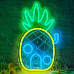 Pineapple House neon sign in vibrant yellow and green, perfect for beach-themed decor or kids' rooms.